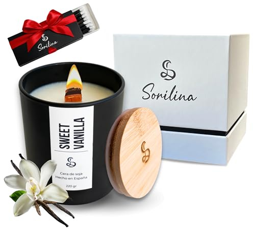 SORILINA Vela Aromática de Vainilla - Vela con Tapa - Aroma Dulce y Ligero | Cera de Soja, Mecha de Madera, Cerillas de Regalo