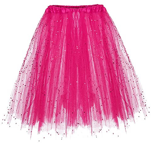 Tüllrock Damen Tutu Rock Glitzernder Klassisch Elastisch Tüll Tüllrock 50er Rock Tütü Erwachsene Kurz Teen Dance Dress Up Party Zubehör Ballett Tanzkleidung Ballettkleidung Outfit (Hot Pink, One Size)