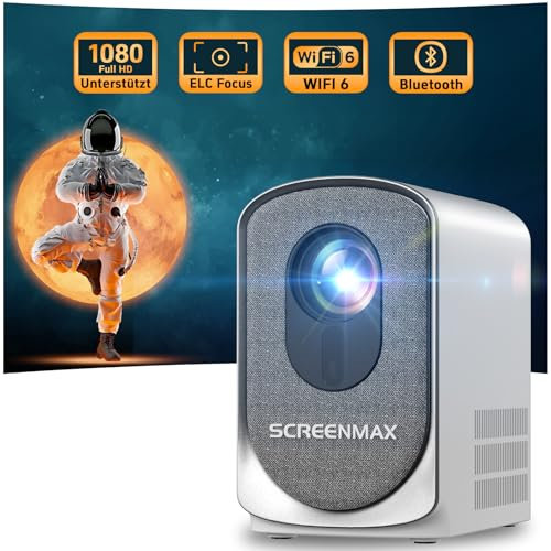 SCREENMAX 4K Mini WiFi Bluetooth Outdoor Beamer - 1080P LED Video Projektor Mit Elektronischem Fokus Und Trapezkorrektur, 150 Zoll Heimkino Für iPhone/Android/Laptop/TV Stick, Weiß