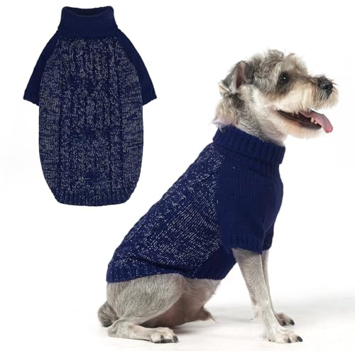 EXPAWLORER Small Dog Sweater - Fleece Pullover Knitwear with Leash Hole, Turtleneck Fall Dog Holiday Clothes with Reflective Yarn for Small Medium Dogs Puppy, Navy M