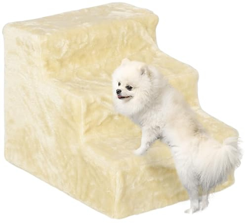 PawHut Dog Steps for Sofa, 3 Steps Dog Stairs, Pet Stairs, with Washable Plush Cover, for Small Breeds, Cats - Beige