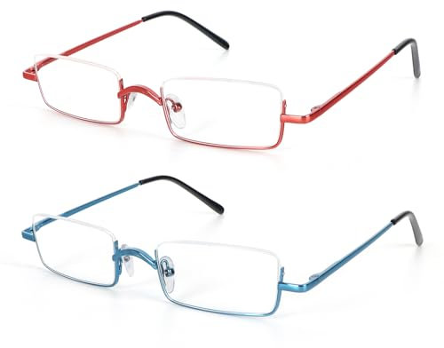 MMOWW 2 Pairs Half Frame Reading Glasses Metal Rectangle Slim Half for Men Women Spring Hinge Slim Readers Semi Rimless (Blue+Red, +2.5)