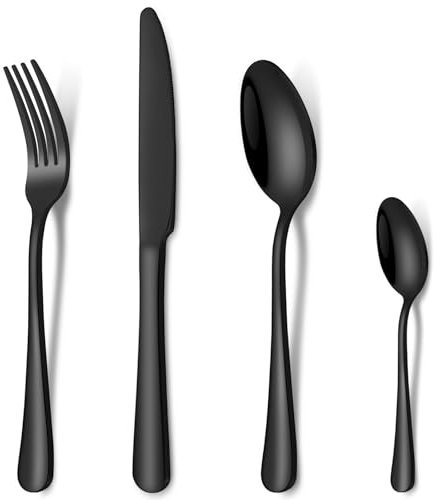 Cutlery Set Black, HONKKU 32 Pieces Stainless Steel Flatware Set for 8 People, Mirror Polished Silverware Set with Spoon Knife and Fork Set for Home Kitchen, Dishwasher Safe