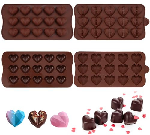 4 Pièces Moules à Chocolat pour Coeur d'Amour avec Moule Silicone de 15 Cavités,Moule à Chocolat pour Cœur Lisse,Moule à Chocolat en Forme de Coeur Non Collant,Moule à Noix en Silicone Forme de Coeur
