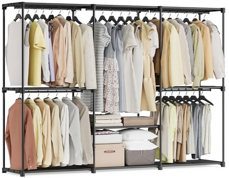 SONGMICS Clothes Wardrobe, Portable Closet, Open Storage Wardrobe, Clothes Garment Rack, 205 x 43 x 166 cm, 5 Hanging Rods and Shelves, for Bedroom, Living Room, Laundry Room, Ink Black RYG035B01