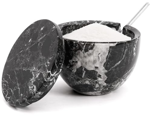 MARBLOUS KRAFTS Bodega de sal de mármol con tapa y cuchara, contenedor de especias de cebra negra de 3 x 4 pulgadas para encimera de cocina, 4.7 onzas, perfecto para tazón de azúcar de San Valentín