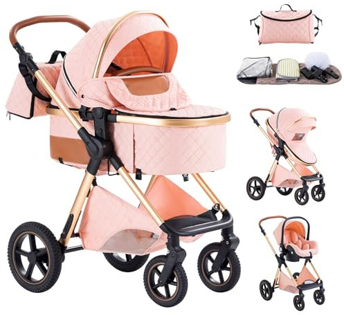 Mobayta kinderwagen 3 in 1 Kombikinderwagen für Neugeborene robustes leichtes Aluminiumgestell geeignet bis 22KG hochgestellter Kinderwagen vielseitig und praktisch Buggys (H2-PINK, H2)