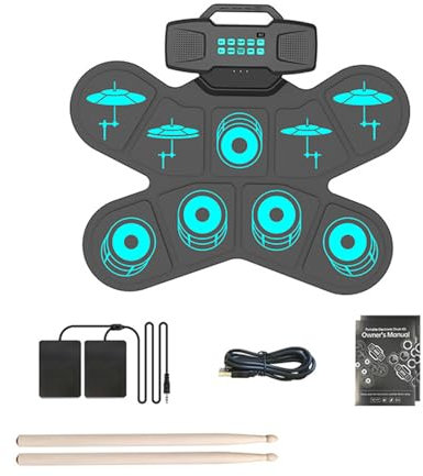 XANHOY Electronic Drum Pads, 9 Pads Roll-up Practice Drum Set Built-in and Headphone, Drum Stick and Drum Pedals