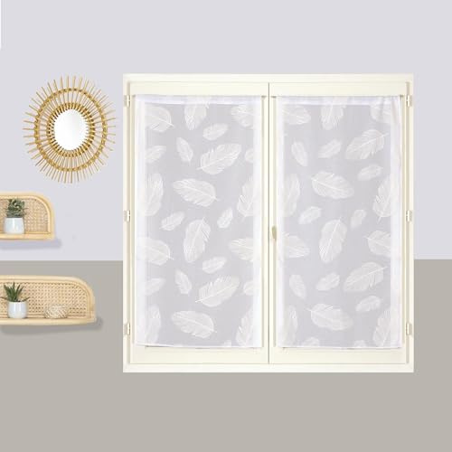 Atout Ciel - Par de visillos Impresos con Hojas, con Pasa-Tringle listos para Colocar, 2 x 60 x 120 cm, Color Blanco