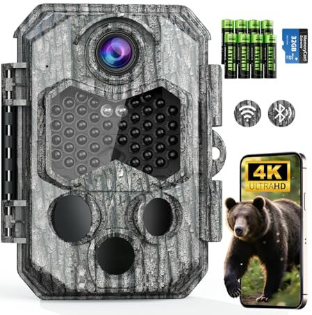 Wildkamera mit Handyübertragung App, 84MP 4K WLAN Wildkamera mit 8 AA-Batterien, 130 ° Weitwinkel Wildtierkamera mit Bewegungsmelder Nachtsicht, 32GB Speicherkarte, IP66 Wasserdicht