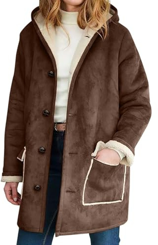 Gefomuofe Abrigo de invierno para mujer, gabardina de ante, parka gruesa, con capucha, vintage, abrigo de invierno de gran tamaño, chaqueta con capucha, abrigo Outwear Chaqueta de ante, marrón, S