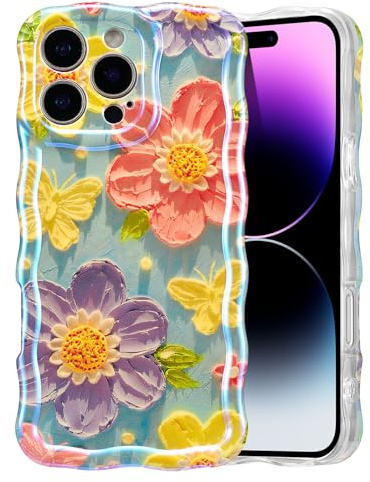 EYZUTAK iPhone 16 Pro fodral, färgglad vintage oljemålning blomma telefonfodral glänsande lockigt vågram TPU-fodral slitstarkt ränder skyddsfodral - fjäril blomma