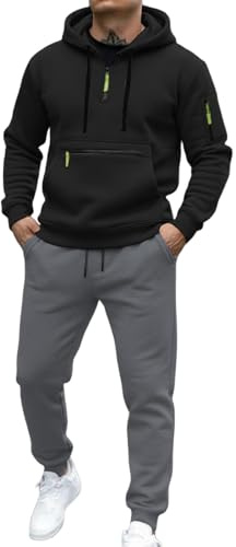 Generisch Chándal con capucha, chaqueta con cremallera completa y múltiples bolsillos y pantalón de chándal a juego para ropa deportiva de ocio, Negro , L