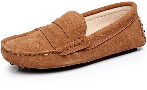 Jamron Dam Klassisk Mockaskinn Penny Loafers Bekväm Handgjord Toffel Mockaskinnsiner Brun 24208 EU42
