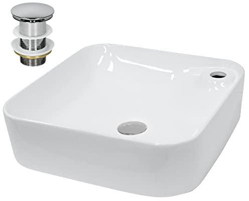 ECD Germany Vasque à Poser Lavabo Salle de Bain - Ø 435x435x125 mm - en Céramique - Carré - Blanc - avec Kit de Vidange sans Trop-Plein - Lavabo à Poser sur Meuble Salle de Bain - Design Moderne