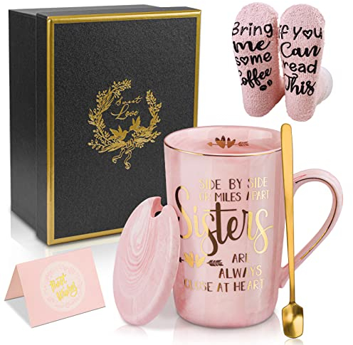 Sisters Gifts from Sister Happy Birthday Present Coffee Mugs Espresso Cup - 400 ml Personalisierte Beste Schwester Gold Print Keramik Tasse Teetasse für Sie Frauen, mit lustigen Socken Löffel