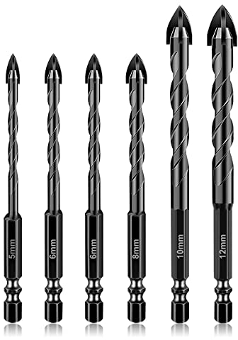 flintronic 6 Pcs Juego de Brocas para Azulejos, 5/6/6/8/10/12mm Taladro de Vidrio con Vástago Hexagonal, Carburo Brocas para Mampostería, Cerámica, Pared, Cemento, Ladrillo, Metal, Madera
