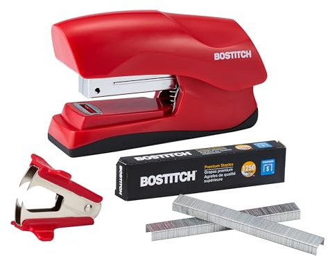 Bostitch Office - Grapadora resistente de 40 hojas con 1250 grapas y removedor de garras, tamaño pequeño, cabe en la palma de tu mano, paquete económico, rojo (B175-RED-VP)