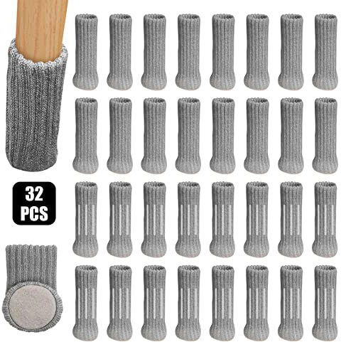 32 stycken stolbensstrumpor, halkfria, mycket elastiska stickade möbelstrumpor/stolsben med filtglider för stolar, halkfria dynor stolsben, undviker repor och buller (grå)