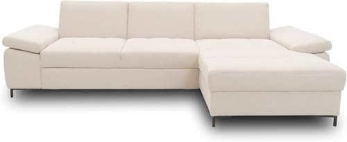DOMO. collection Ecksofa Curacao, Schlafsofa mit Federkern und Armlehnfunktion, Longchair rechts mit Bettfunktion, Couch in L-Form, 297 x 160 x 84 cm (BxTxH), Creme (weiß)