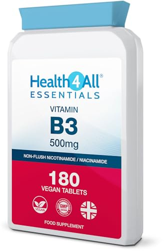 Vitamin B3 Nicotinamide 500mg per Tablet - 180 Vegan Tablets - 6 Month Supply (1 Tablet Daily) - High Strength Flush-Free Niacinamide Supplement - Made in UK by Health4All
