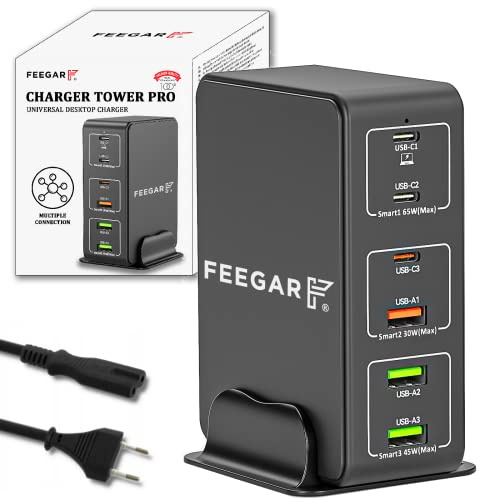FEEGAR F Feegar Tower 140W Laddningsstation USB 6-portars bords väggladdare, bärbar multiports USB-laddare med 6 USB-A och USB-C PD PPS Quick Charge QC 3.0