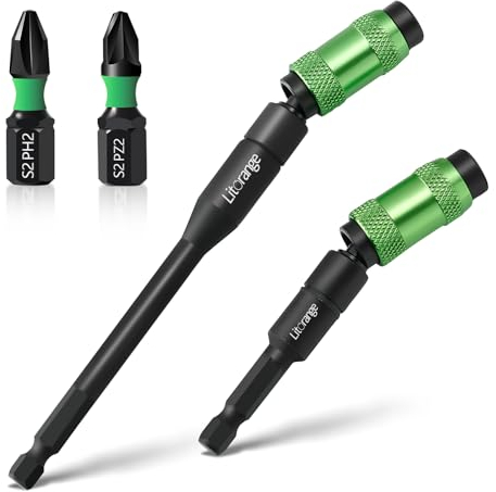 Litorange 2 Stück 1/4 magnetischer Bithalter,90mm+145mm flexibler Sechskant-Bithalter mit 25mm PH2/PZ2 Bits,20 Grad drehbarer Bohrerverlängerung für schmale Räume oder Ecken