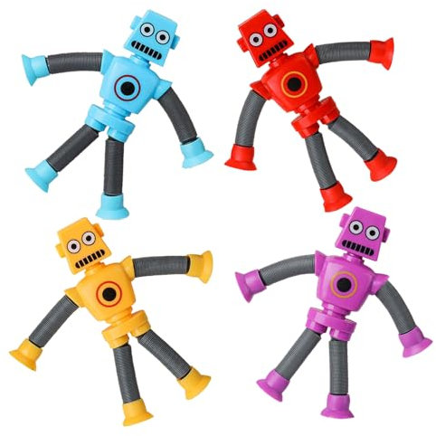 4 piezas de juguetes ventosa retráctiles, forma robótica de dibujos animados, entrena sentidos táctiles niños, regalo sorpresa para todos