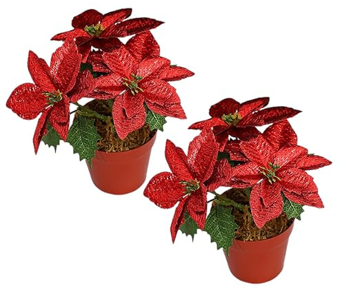 JYCRA Fleurs de Poinsettia Artificielles en Pot, Plantes en Pot, Mini Arbre de Noël pour Décoration de Table, Fleurs de Poinsettia de Noël, Décoration de Noël (Rouge)