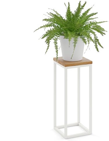 LAMO Manufaktur Blumenständer Weiss Metall | Pflanzenständer Holz mit Rustikal Farbe | Blumenhocker groß 50 cm für Zimmerpflanzen | 100% Echtholz | Sockel für Skulpturen