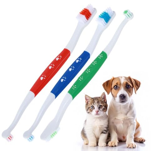 3 Stück Doppelkopf Hunde Zahnbürste Klein Katzenzahnbürste Hundezahnbürste und Hundezahnbürste Weich für kleine Hunde Für 360° einfache Zahnreinigung und Zahnpflege Rot, Grün, Blau
