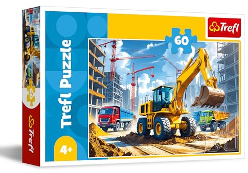 Trefl - Trattore Escavatore-Caricatore - Puzzle 60 Pezzi - Puzzle Colorato con Camion, Intrattenimento Creativo, Divertimento per Bambini dai 4 anni