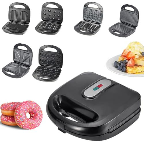 Minimáquina Para Hacer Donas 6 En 1: 750 W, Calentamiento Rápido Por Ambos Lados, Sellado Automático De Bordes, Termostato Inteligente Y Bandeja Antiadherente Extraíble, Fácil De Limpiar (negra)