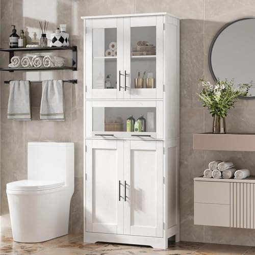 Salutmeuble Colonne Salle de Bain Haute, Armoire Salles de Bain Rangement 4 Portes et 5 Niveaux,avec Verre Transparent et Étagères Réglables, Anti-Basculement,170x60X30cm, Blanc
