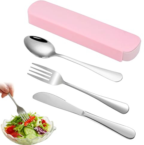 Travel Cutlery Set with Case 3 Pcs Stainless Steel Knife Spoon Fork Reusable Camping Cutlery Set for 1 Portable Travel Utensils for Picnic School Office Everyday Use (Pink)