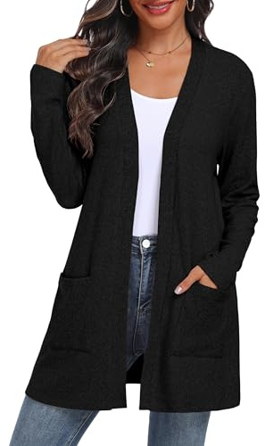 QIXING Chaqueta de punto cárdigan abierto para mujer | Cárdigan ligero de manga larga elegante con bolsillos para otoño e invierno | Cómodo, transpirable y cálido, Negro , L