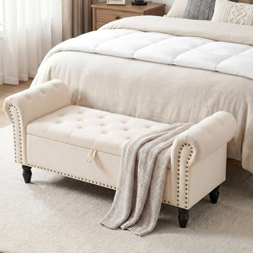 Clevich Banco con Almacenaje 133cm, Terciopelo Baul Almacenaje Dormitorio con Varilla de Elevación, Estilo de Francés, Extremo de la Cama con Tapa, Patas de Madera Maciza (Beige)