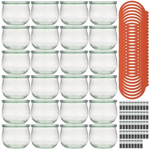 Flaschenland - 24x WECK Tulpengläser 580 ml inkl. Glasdeckel, Einkochringen und Klammern, Einweckgläser, Einmachgläser zum Haltbarmachen von Lebensmitteln I Made in Germany