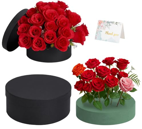 BENECREAT Black Round Gift Box with Lid & Floral Foam Set, 23.4x12.5cm/9.2x4.9 Inch Gift Boxes for Flowers for Mother's Day, Valentine's Day, Anniversary, Wedding