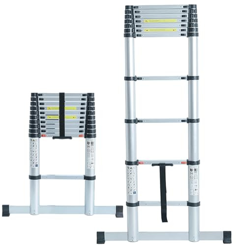 Telescopic Ladder 3.8m Max Height 12 Steps Soft Close System, Includes Base Stabaliser Bar For Extra Safety and Stability TUFFMATE