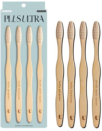 Biodegradable and Eco-Friendly Bamboo Toothbrush 4-Pack - BPA Free Soft Bristle - Dentist-Approved and All-Natural with Positive Affirmations Etched on Handles by Plus Ultra