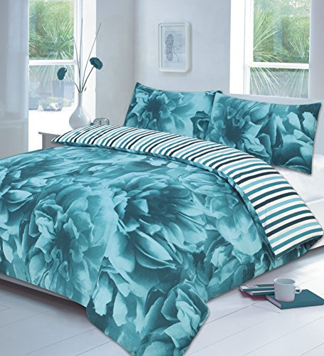 Hotel Quality King Printed Rose Teal Floral Design Duvet Cover Set Bedding Set with pillowcases - King Size
