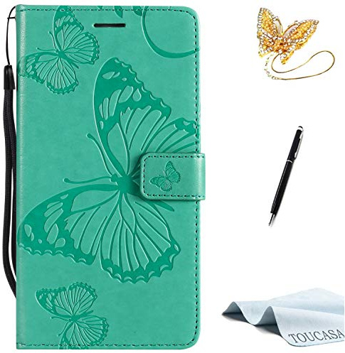 TOUCASA Huawei P10 Lite mobiltelefonskal, Huawei P10 Lite skal, plånbok flip PU-läder läderfodral fodral kortfack [3D fjäril] [3D fjäril] Präglad Technology för Huawei P10 Lite-(grön)