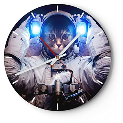 Modern Wanduhr Kosmonaut Katze 40x40cm Rund Groß Wand Uhr Glas Analog Zimmeruhren Küche Büro Wohnzimmer Glasuhr Wall Clock Dekoration Design Wanddekoration Küchenuhr C3AR40x40-3734