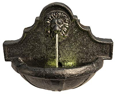 Teamson Home Garden Wasserspiel & Lichter, Wandmontierter Wasserbrunnen für den Innenbereich, Löwenkopf-Stein-Wasserfall und Pumpenverzierung, Terrassendekoration