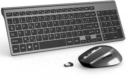 JOYACCESS Clavier Souris sans Fil, 2.4Ghz Clavier AZERTY Compacte Portable de Taille Normale, Souris Ergonomique Silencieuse 2400 DPI pour PC,Laptop,Ordinateur,Smart TV-Grey et Noir