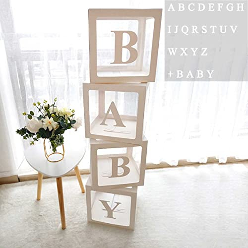 Scatole decorative per baby shower per ragazzi e ragazze, 4 scatole bianche trasparenti per palloncini con 30 lettere, bambino+A-Z per nome personalizzato, decorazioni per feste di compleanno, blocchi