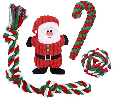 JYPS Giocattoli per cani, 4 pezzi di Santa Cruz Puppy Dentizione Rope Toys Set per la noia, peluche masticare giocattoli per piccola taglia media cane, giocattolo interattivo cucciolo per natalizie