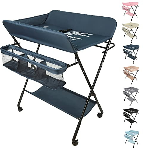 Mesa de cambio plegable, cambiador ajustable en altura con cesta de almacenamiento, cinturón de seguridad y 4 ruedas con freno (azul oscuro)