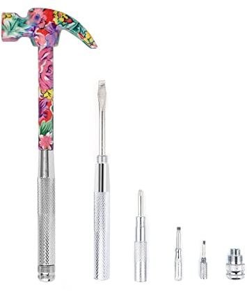 6 in 1 Hammer & Screwdriver Tool Multitool Set Claw Hammer with Anti-Slip Grip Handle Slotted/Flat Head Phillips Screwdriver Nail Puller Best Gift for Family Friends Colleagues (Pink)